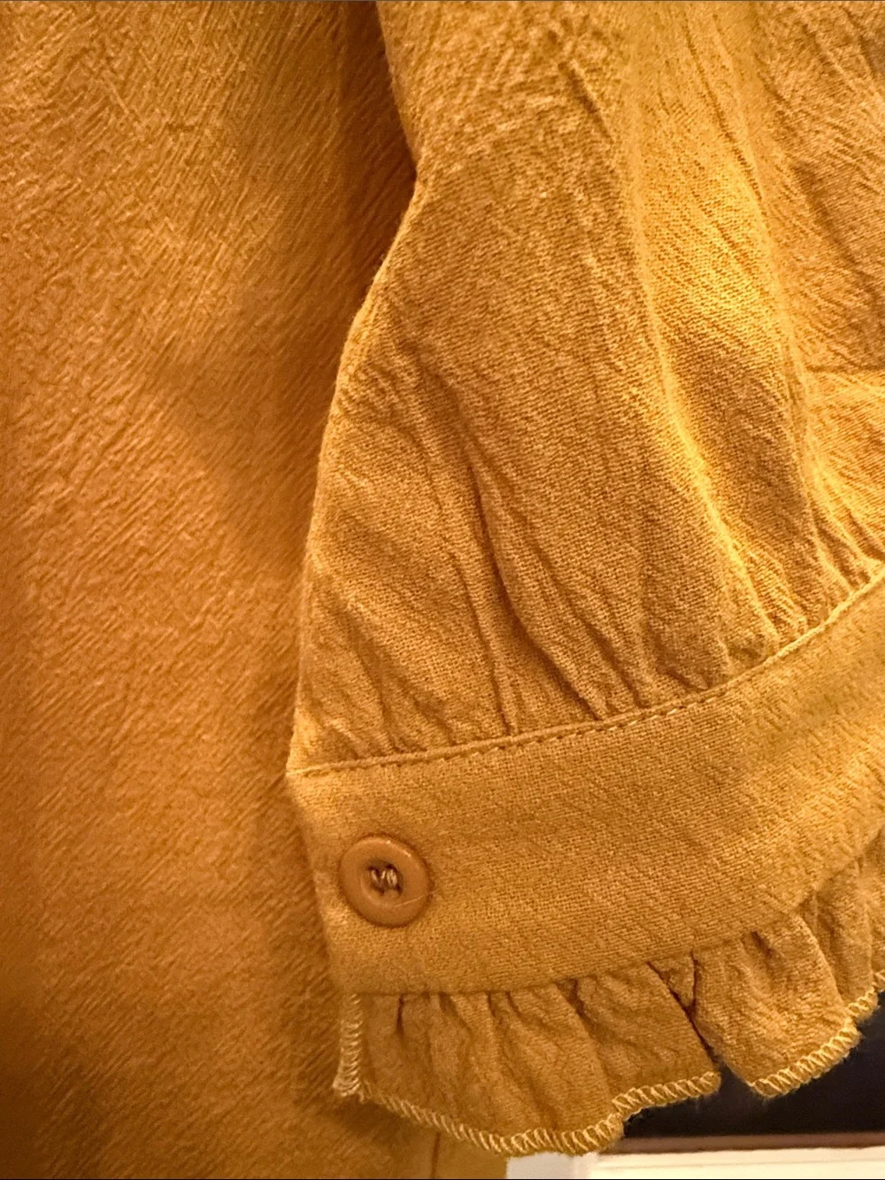 Womans Mustard Ruffle-Hem Button-Up Top - Picture 2 of 6